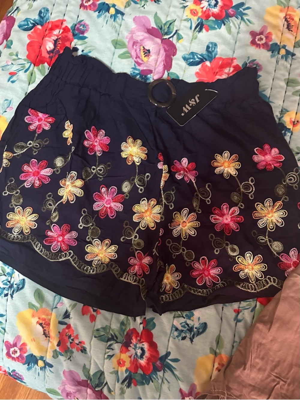 Embroidered High-Rise Tan Floral Shorts - Picture 3 of 4
